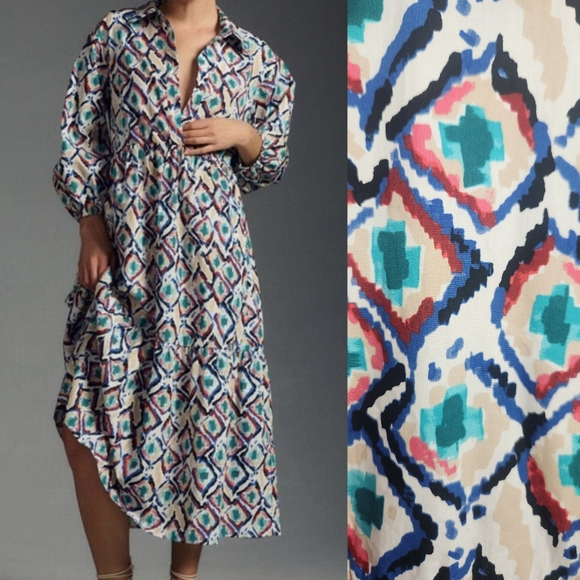 Maeve Anthropologie The Bettina Tiered Shirt Midi Dress Ikat Print Small Petite - Picture 1 of 13